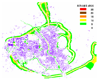 청주시 도로교통의 환경소음기준(주간) 초과지역 분포