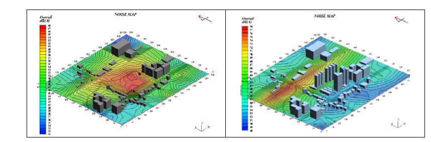 서울시 환경영향평가의 소음지도 적용 사례(좌:공사시, 우:운영시)