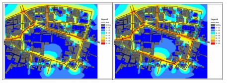 소음 측정자료를 통한 소음지도의 수정사례 (좌:예측된 소음지도, 우:측정자료를 통해 수정된 소음지도)