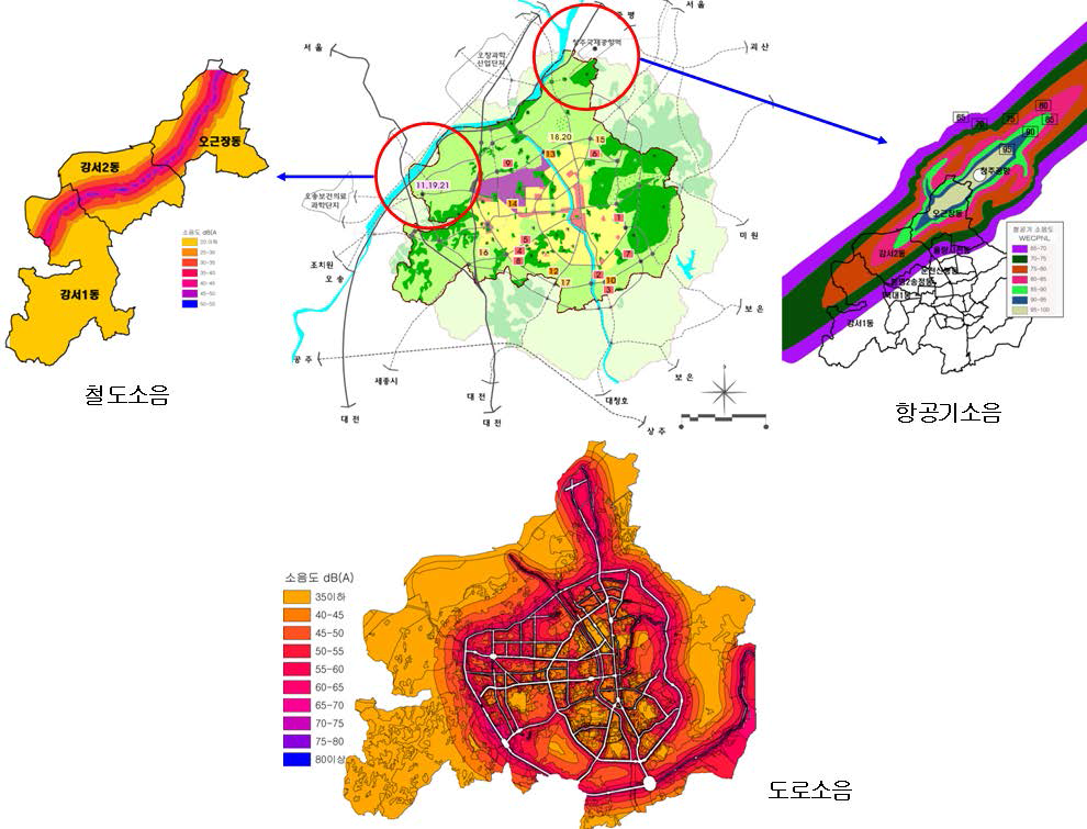 청주시 토지이용계획과 소음지도의 비교