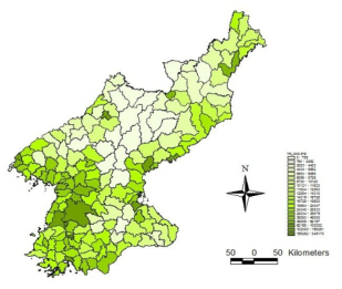 북한의 시군별 인구 밀도