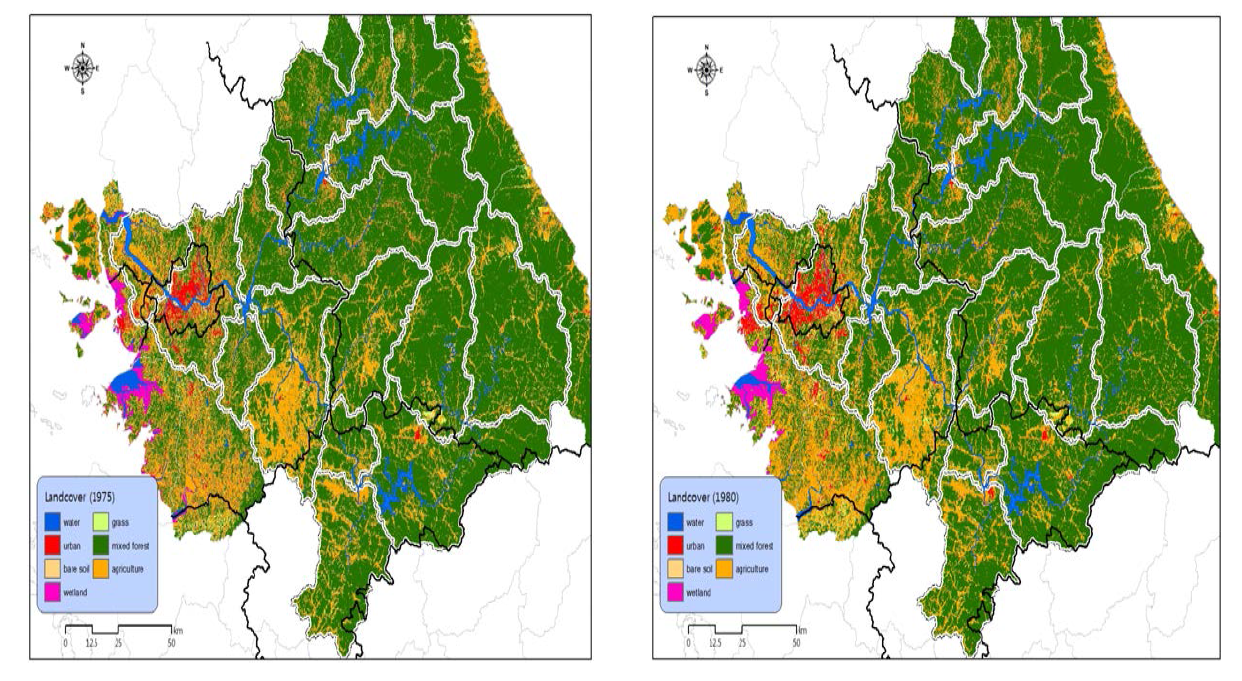 한강 유역의 대분류(1975~2000년도) 및 중분류(2000년도, 2006년도) 토지피복 현황