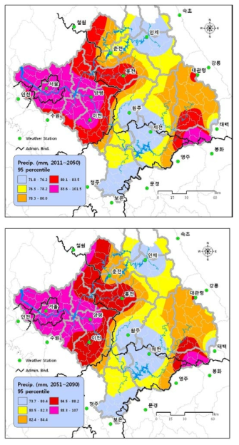 미래(2011~2090년) 95퍼센타일 강우자료의 분포