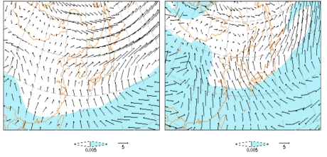 재분석 자료와 NCEP/RSM 모의 결과로부터 얻은 2004년 여름철 850hPa 고도에서의 평균 바람과 수증기 혼합비(0.005kg/kg 이상)