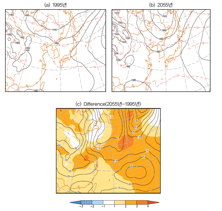 1995년과 2055년 여름철을 모의한 NCEP/RSM 결과로부터 얻은 850hPa 고도에서의 평균 지위고도 및 온도, 그리고 두 해의 차이