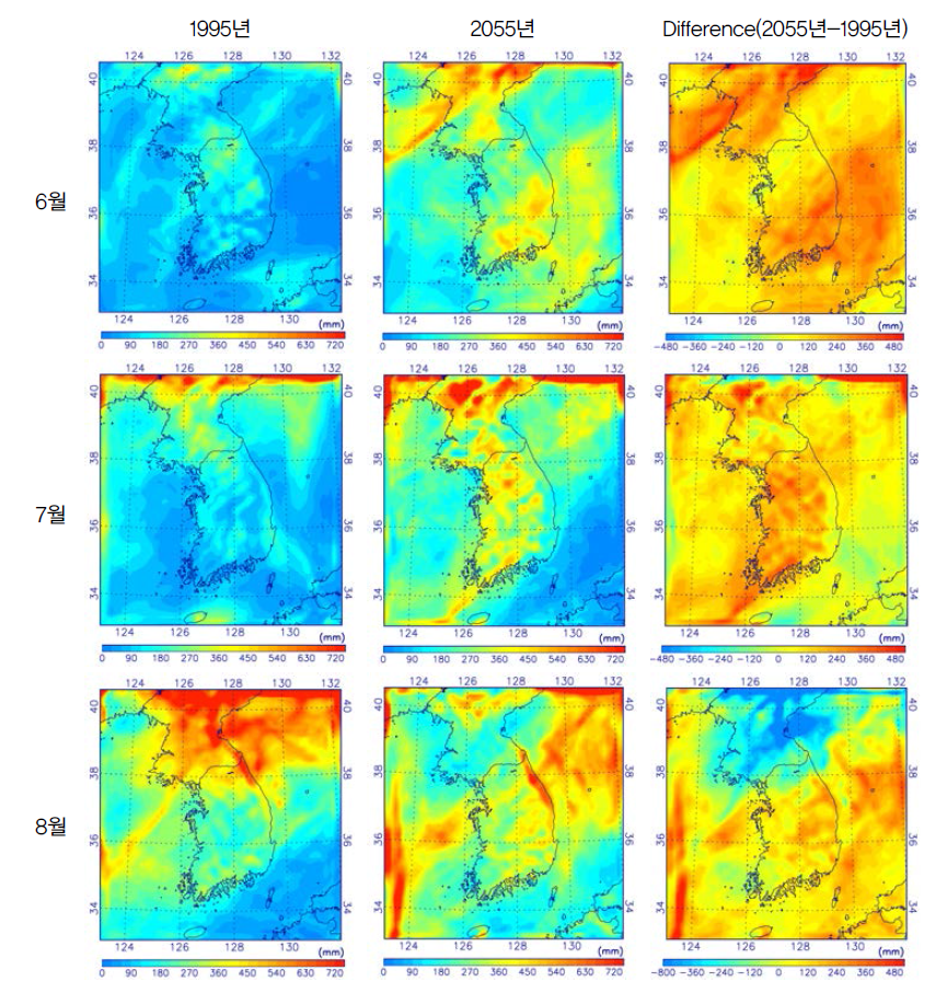 1995년과 2055년 여름철을 모의한 WRF 결과로부터 얻은 월별 누적강수량의 수평분포와 두 해의 차이