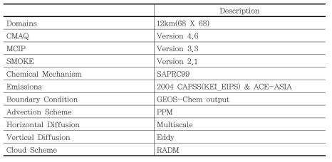 CMAQ 모델링에 사용된 기본사항 및 옵션