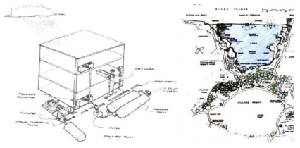 영국 밀레니엄빌리지의 우수집수시스템과 집수된 우수(a)가 모이는 저류지의 모습(b)
