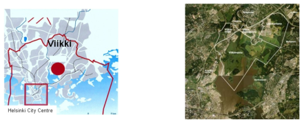 핀란드 비키 신도시 위치도(a) 및 인공위성사진(b)