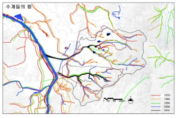 위례신도시 1970~2000년대의 수계중첩도