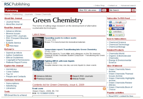 영국왕립화학회(RSC)에서 발간하는 그린화학회지 웹사이트