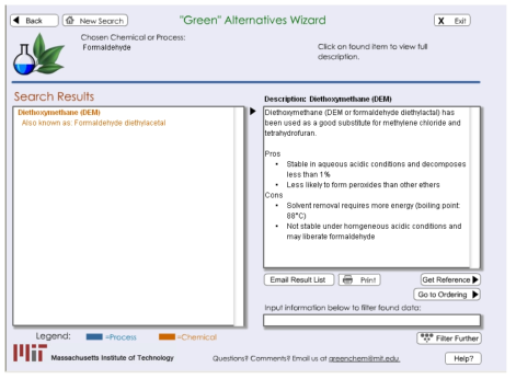 MIT의 그린화학 대체 구매 마법사의 예시 화면(포름알데히드)