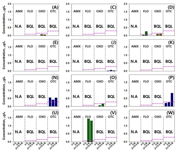 2차년도 1차 샘플링(16년 8월-10월) 양식장 유입수 및 배출수 항생제 농도 분석 결과. 약어 설명: N.A. = Not Analyzed (시료 분석 되지 않음), BQL = Below Quantification Limit (정량 한계 이하, 각 항생제 별 분홍색 점선 표시), AMX = Amoxicillin, FLO = Florfenicol, OXO = Oxolinic acid, OTC = Oxytetracycline