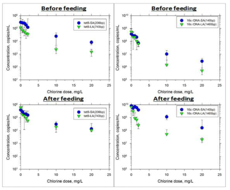 양식장 배출수 실험실 규모 염소 처리에서 tetB, 16s rRNA 유전자 불활성화 효율, 상(급이전 배출수), 하(급이후 배출수), 좌(tetB), 우(16s rDNA)