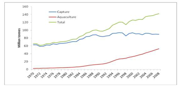 세계 어류 생산량 [출처: 1970-2008년, www.knowtheflow.com,FAO, 2012 ]