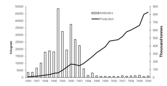 노르웨이 연어 양식장 내 항생제 사용량 및 연어 생산량 [출처: 노르웨이, www.knowtheflow.com, FAO, 2012]