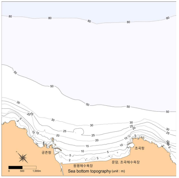 해안선변형실험 계산 영역과 수심정보