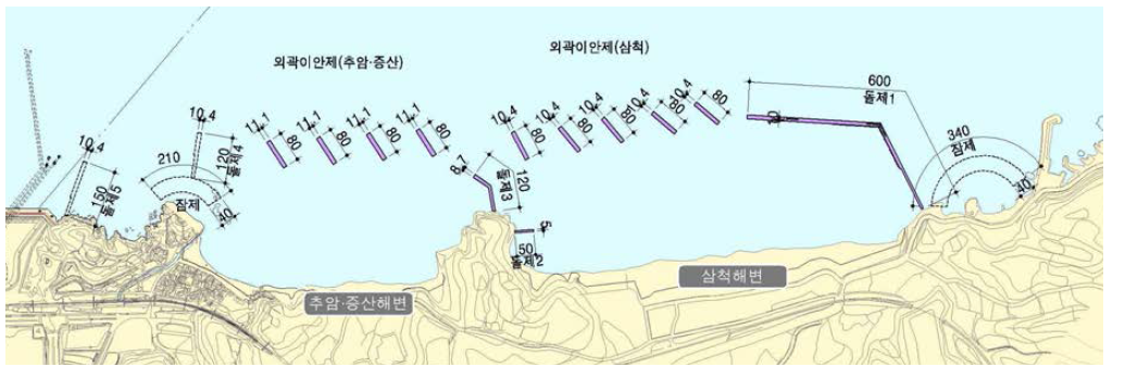 해안보호 대책시설설계파고 산정 구역도