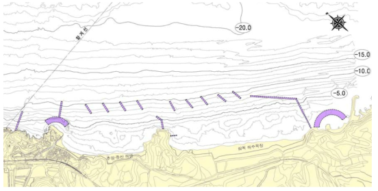 해안보호 대책시설 설치위치 수심 분포현황