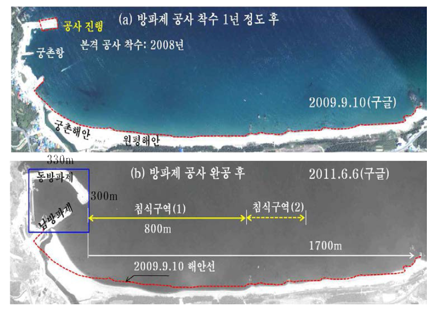 궁촌항 건설과 원평해안의 침식상황(사진출처 : Google Earth)