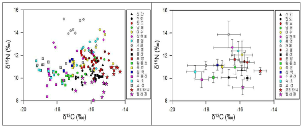 지역별 문어의 탄소, 질소 안정동위원소 비 및 평균값