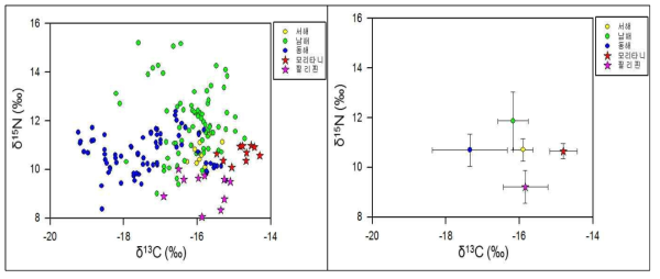 해역별 문어의 탄소, 질소 안정동위원소 비 및 평균값