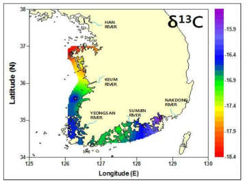 해역별 바지락의 탄소 안정동위원소 비를 활용한 동위원소 지도(Isoscapes)