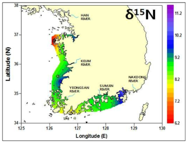 해역별 바지락의 질소 안정동위원소 비를 활용한 동위원소 지도(Isoscapes)