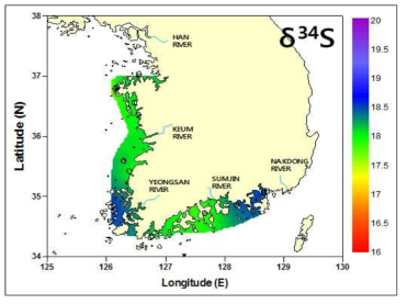 해역별 바지락의 황 안정동위원소 비를 활용한 동위원소 지도(Isoscapes)