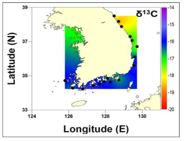 해역별 문어의 탄소 안정동위원소 비를 활용한 동위원소 지도(Isoscapes)