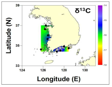 해역별 주꾸미의 탄소 안정동위원소 비를 활용한 동위원소 지도(Isoscapes)