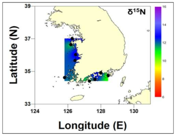 해역별 주꾸미의 질소 안정동위원소 비를 활용한 동위원소 지도(Isoscapes)