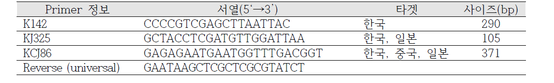 기수재첩의 원산지 특이 PCR 증폭을 위한 primer 서열 및 정보