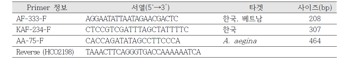 주꾸미류 종 및 원산지 특이 PCR 증폭을 위한 primer 서열 및 정보