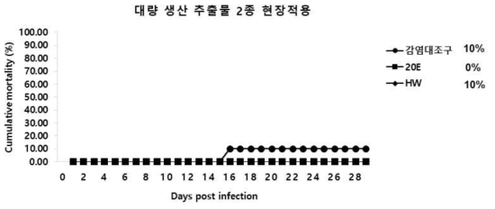 대량 생산 추출물을 3주간 현장에서 경구투여한 넙치의VHSV에 대한 누적 폐사 그래프 (5x106.8TCID50/200ul/fish)