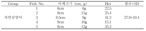 동거감염에 사용한 자연발병어 어체크기와 헤마토크리트치