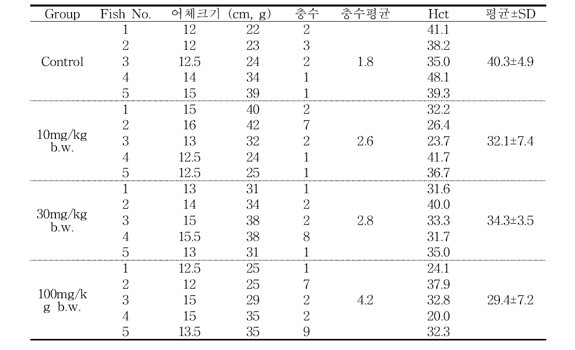 동거감염 21일째 어체크기, 아가미 한 장에 기생하고 있는 마이크로코타일 충 수와 헤마토크리트치