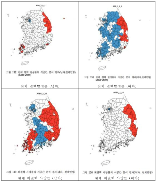 성별에 따른 결핵 발생률과 폐결핵 사망률 시공간 분석 결과(김창훈 등, 2016)