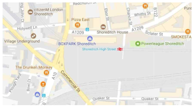 Boxpark Shoreditch와 주변 지역 출처: Google 지도, “Boxpark Shoreditch”, https://www.google.com/maps/ (검색일: 2017.08.27)