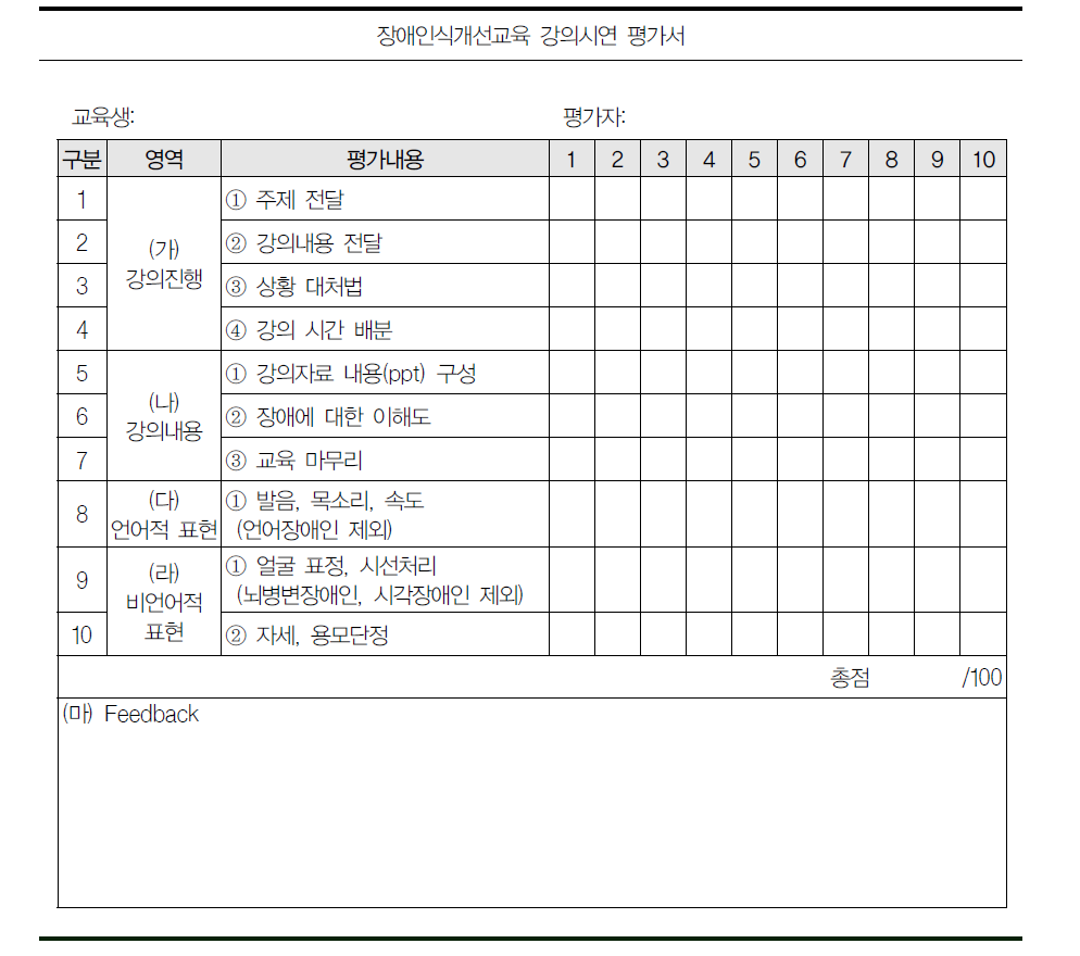 장애인식개선교육 강의시연 평가서