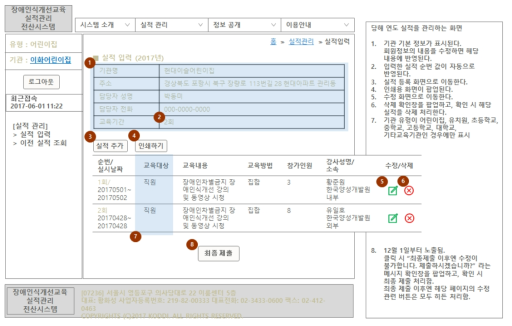 회원가입 후 기관별 교육 실적 입력 화면