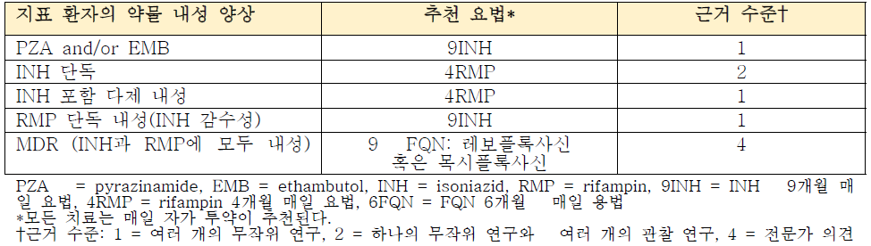 약물 내성 지표 환자와 접촉자에 권장되는 치료법