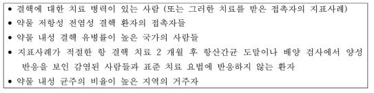 약제-내성 결핵 감염 또는 질환의 위험도가 증가된 사람들