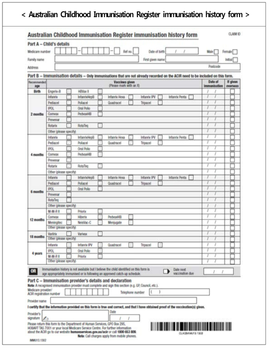 호주의 예방접종증명서 예시