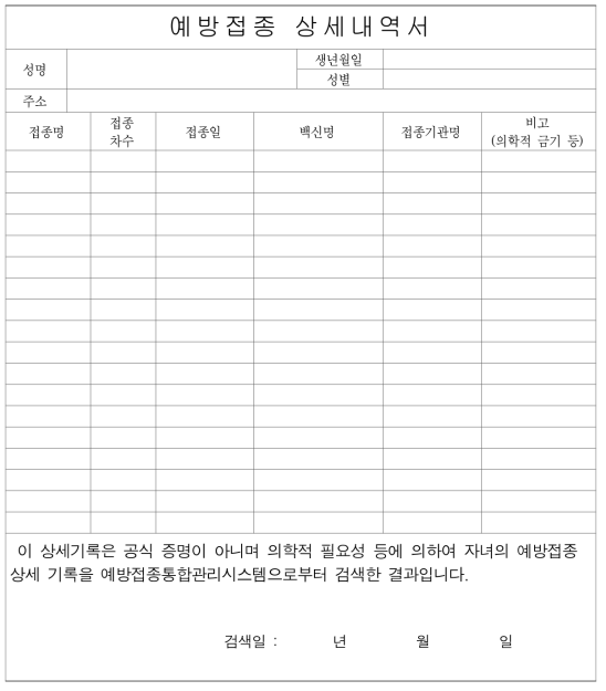 예방접종 상세내역서(예시)