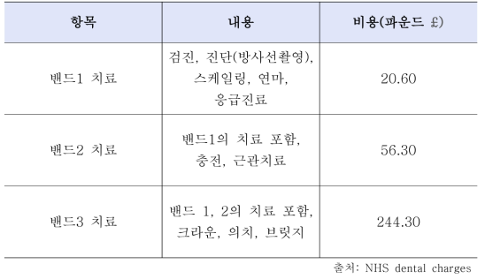 항목에 따른 치료 내용과 비용