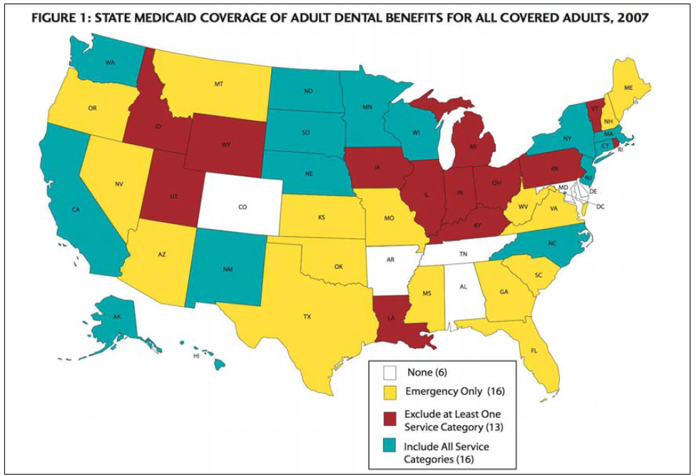 각 주의 메디케이드 구강건강보험적용 실태 출처: A Publication of The National Academy for State Health Policy, ‘Medicaid Coverage of Adult Dental Services 2008