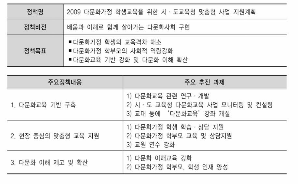 2009년도 교육부 다문화교육정책의 내용