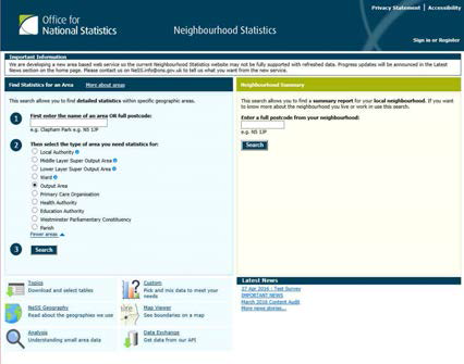 영국의 NESS 검색 페이지 자료원: http://www.neighbourhood.statistics.gov.uk