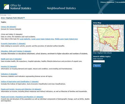 지역데이터 검색 결과 자료원: http://www.neighbourhood.statistics.gov.uk